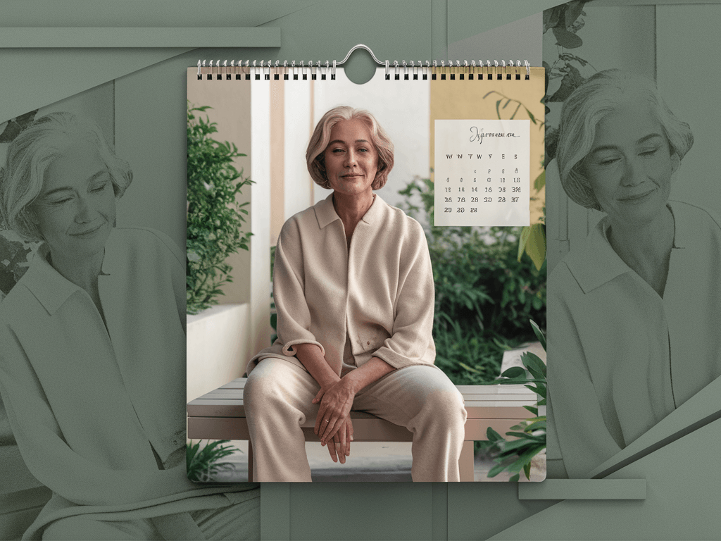 Mujer mayor sentada en un banco con un calendario en el fondo para representar la Gestión del tiempo para personas cuidadoras