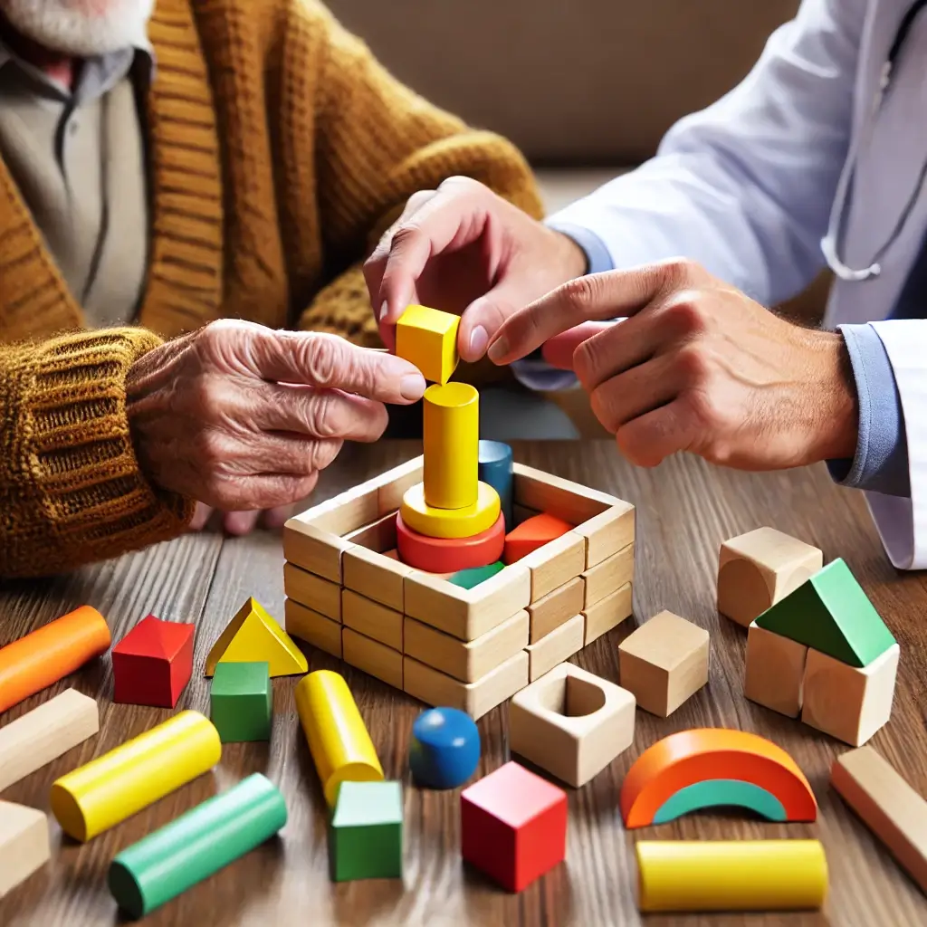 Dos personas realizando ejercicios de estimulación cognitiva para personas mayores con bloques de colores.