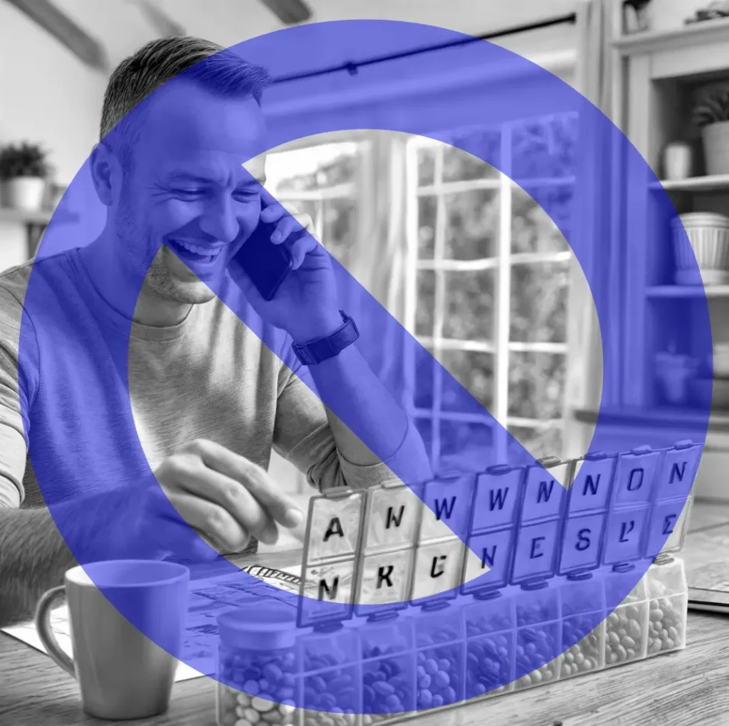 Persona organizando pastillero mientras habla por teléfono y otros errores comunes en el cuidado de personas