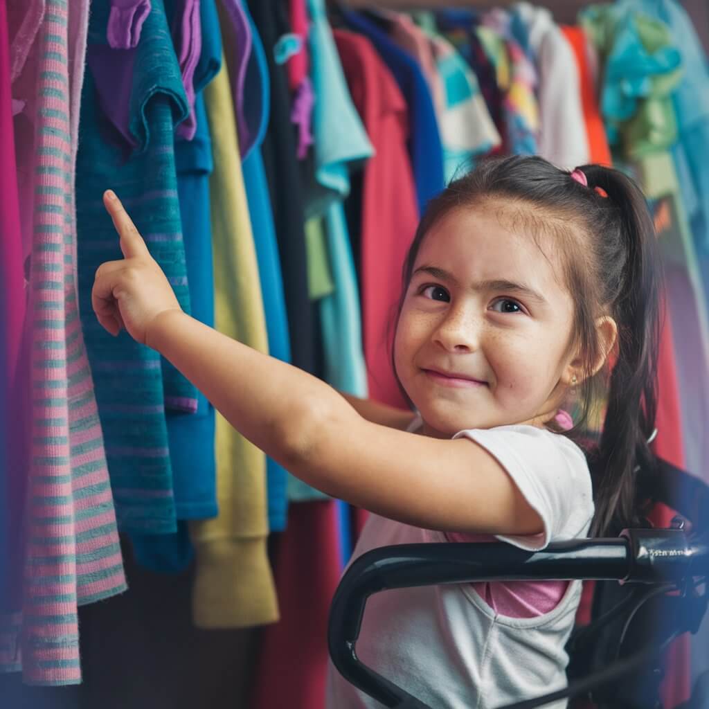 Niña en silla de ruedas señalando ropa en su armario, fomentando la independencia en personas con discapacidad.
