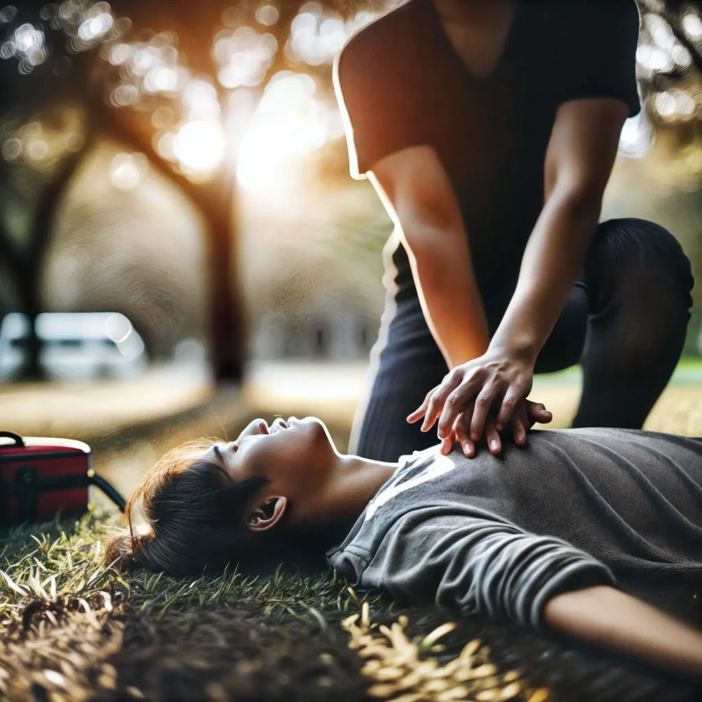 Una persona pone en práctica los protocolos de emergencias para cuidadores realizando una reanimación cardiopulmonar (RCP) a otra en un parque, con árboles y césped alrededor. La luz del sol brilla a través de los árboles, y una bolsa de primeros auxilios está visible en el fondo.
