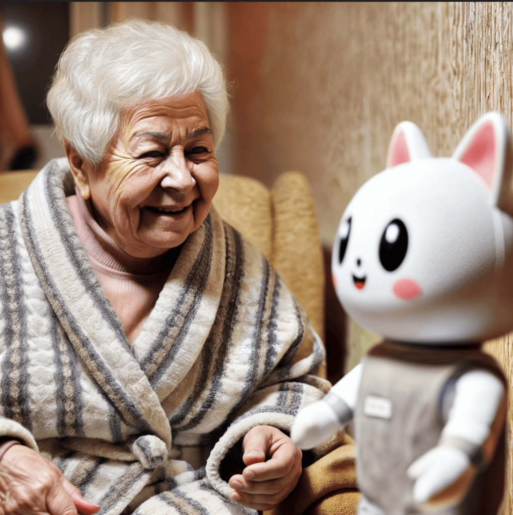 Mujer mayor sonríe mientras interactúa con un robot asistente, representando tecnología en el cuidado de personas.