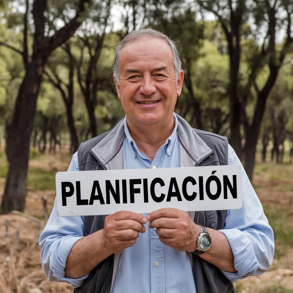 Hombre sonriente sosteniendo un cartel con la palabra "Planificación" en un entorno natural. Palabra clave: planificación de cuidados a largo plazo.