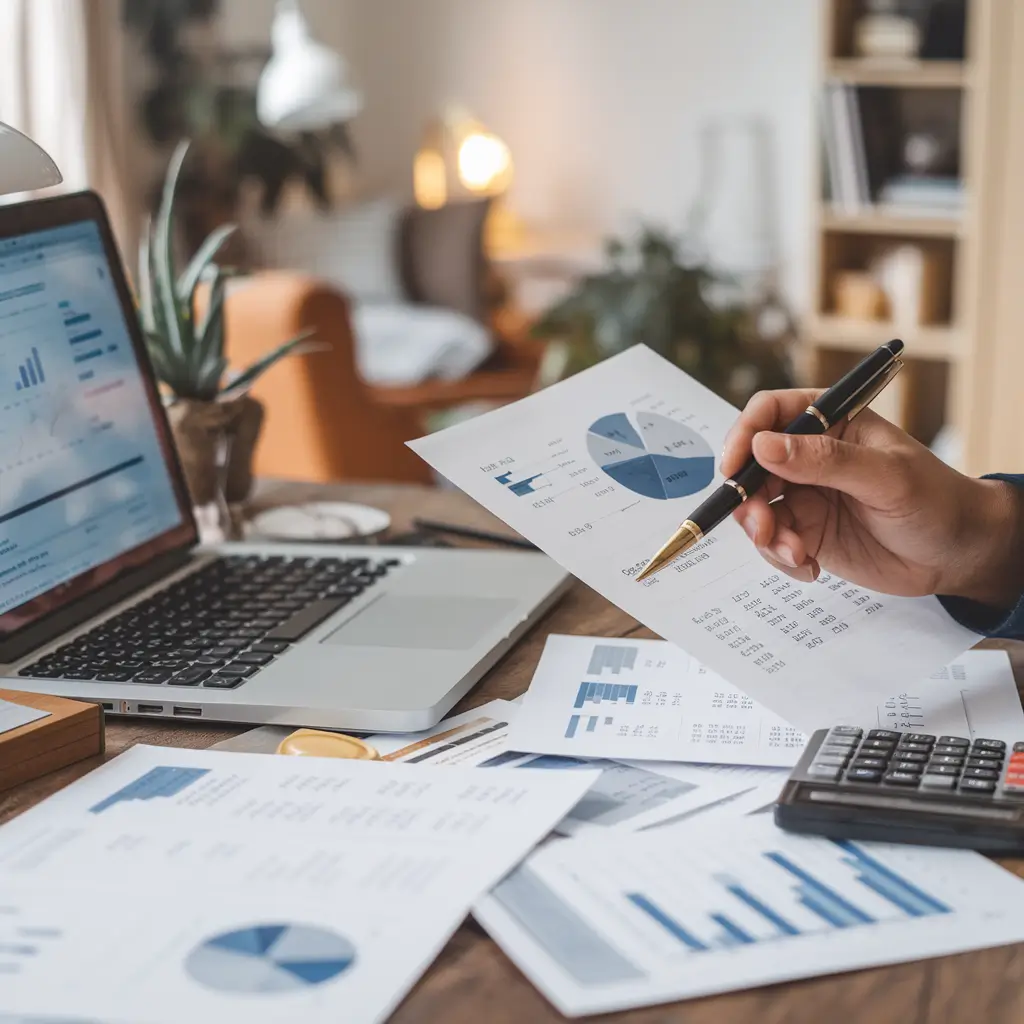 Persona revisando gráficos financieros con una laptop, representando consejos financieros para cuidadores de personas.