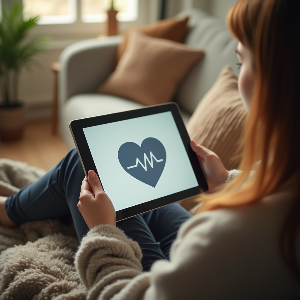 Persona usando una tablet con un ícono de corazón, recurso digital para cuidadores.