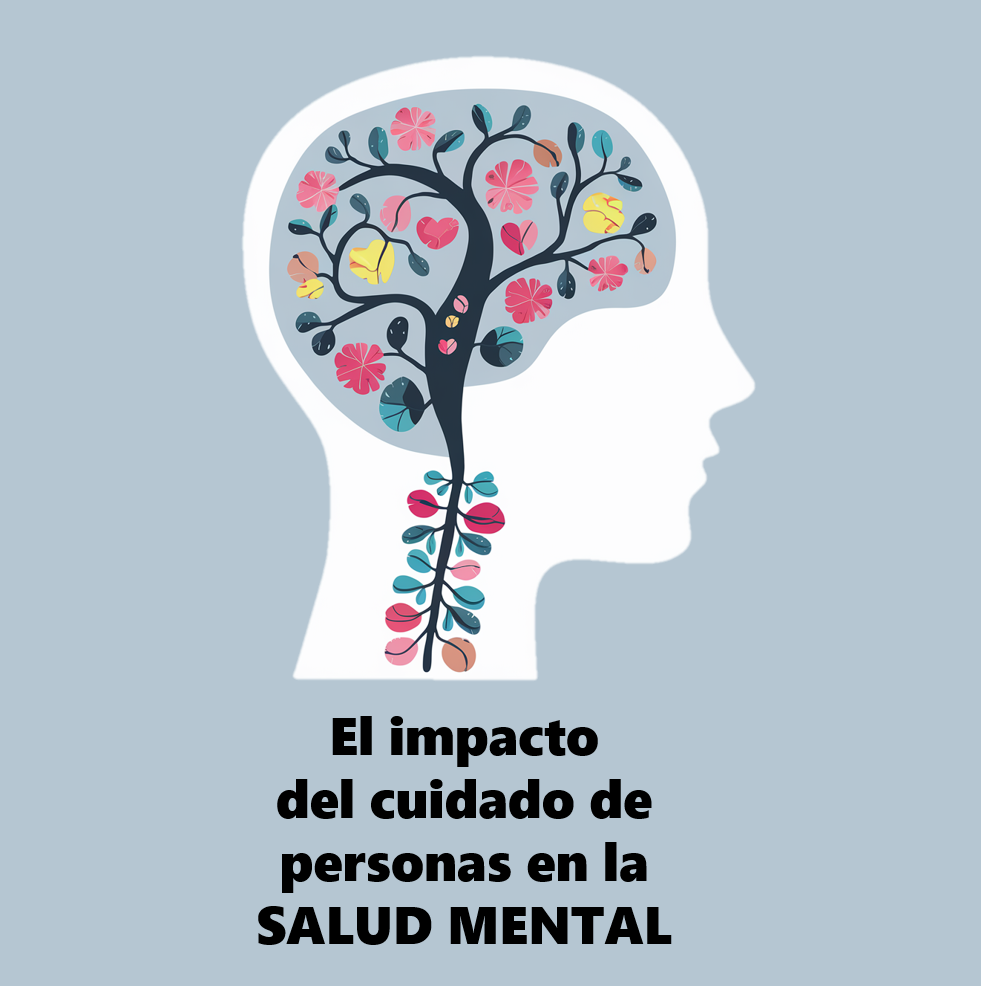 Ilustración de un cerebro con flores representando el cuidado de personas y la salud mental.